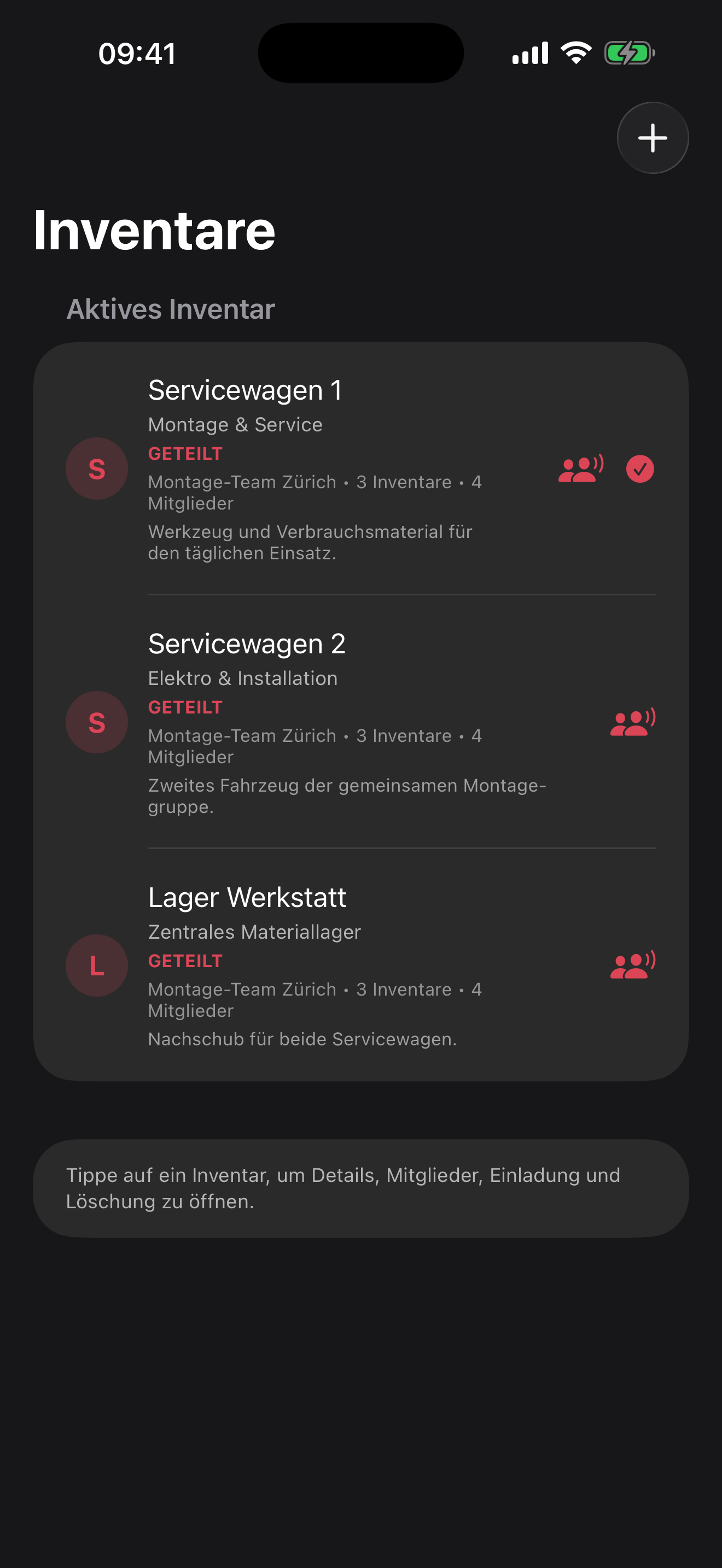MyVentory Team- und Inventaransicht